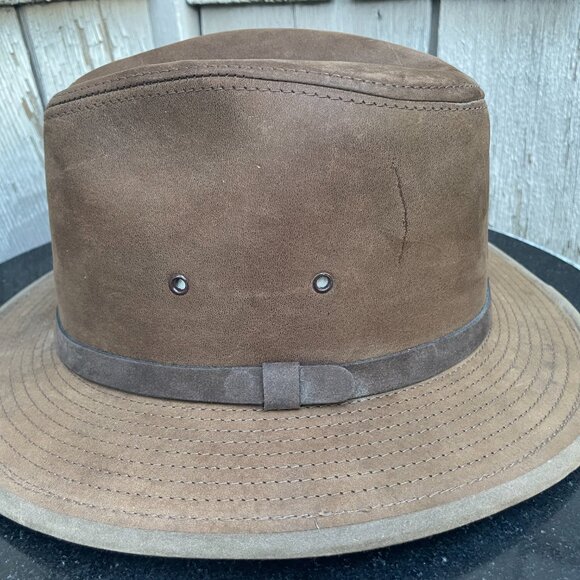 x2 Henschel Leather Fedora Hat Lot of 2 Vtg Brown and Cream Medium Made USA - Picture 4 of 16